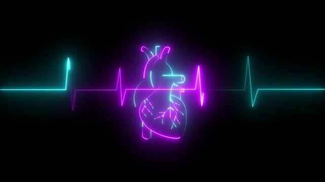 Glowing neon heart cardiogram line. Electrocardiogram show heart beat line Heart health, cardiology, cardiovascular disease concept. animation