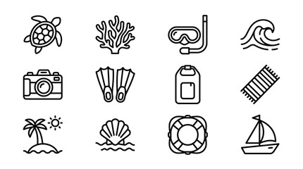 Ocean Summer Icons: Turtle, Coral, Snorkel, Wave, Camera, Flippers, Dry Bag, Towel, Palm Tree © gok
