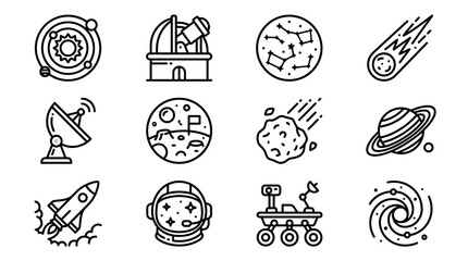 Space Exploration Icons: Planets, Rocket, Astronaut, Telescope, Comet, Rover, Galaxy © gok