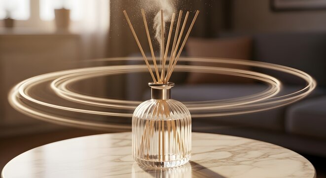 Reed diffuser with scent dispersion on marble table