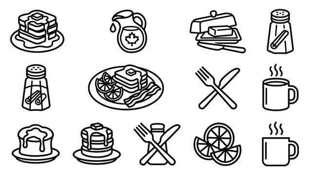 Breakfast Icons: Pancakes, Maple Syrup, Bacon, Coffee, Butter, Salt & Pepper Shakers, Lemon Slices