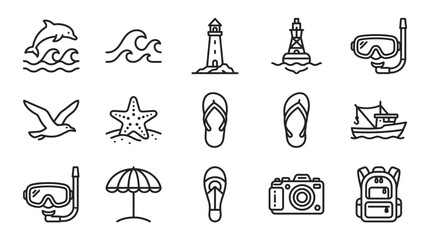 Summer Vacation Icons: Beach, Ocean, Travel & Leisure - Line Art Collection © Re