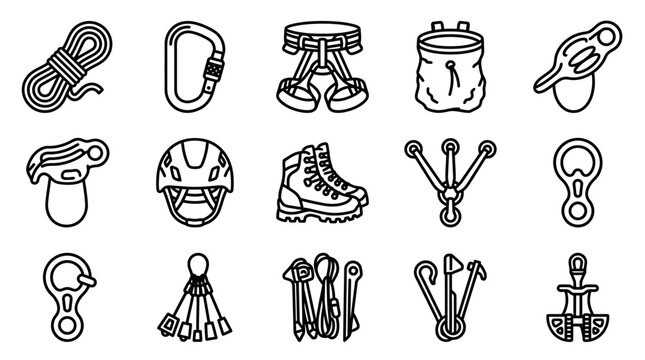Climbing Gear Icons: Rope, Carabiner, Harness, Helmet, Boots, Chalk Bag, Ascender