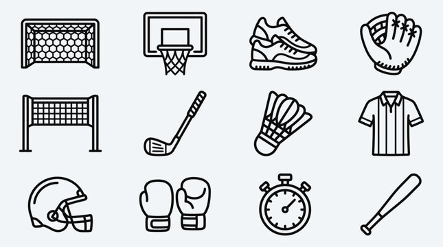 Sports Equipment Icons Set: Soccer, Basketball, Golf, Baseball, Tennis, Football, Boxing, Referee