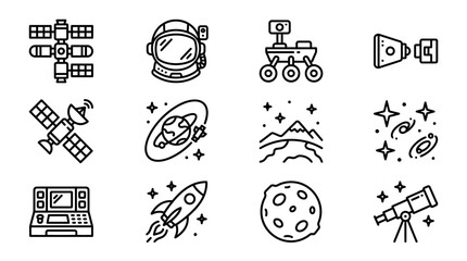 Space Icons Collection: Rocket, Astronaut, Satellite, Rover, Planet, Telescope © Pizksen
