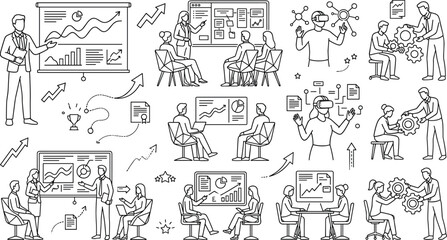 Obraz premium Business Presentation Corporate Training and Tech Integration Concept Icon Set Featuring Strategy Growth Meetings Virtual Reality and Teamwork Gear Mechanics Linear Graphics