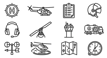 Helicopter Aviation Icons Set: Landing Pad, Pilot, Control Tower, Map, Clock © Re
