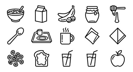 Healthy Breakfast Icons Set: Cereal, Milk, Banana, Honey, Coffee, Apple, Toast © Sapi