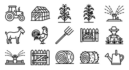 Farming Icons: Tractor, Greenhouse, Corn, Goat, Rooster, Pitchfork, Fence, Farmer © Turok
