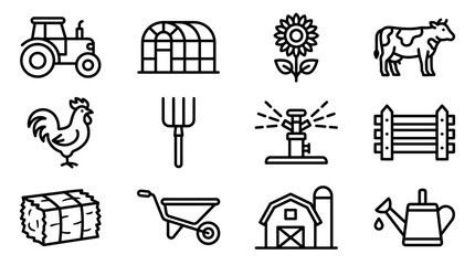 Farm Icons: Tractor, Greenhouse, Cow, Chicken, Hay Bale, Barn & More - Vector Set © Turok