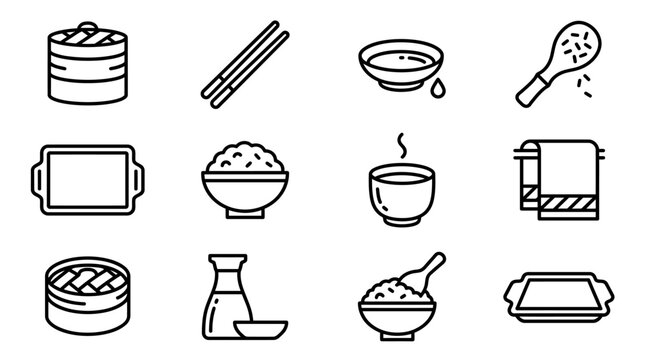 Asian Food Icons: Dumplings, Rice, Soy Sauce, Chopsticks, Steaming Bowl, Baking Tray
