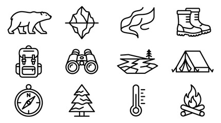 Arctic Adventure Icons: Polar Bear, Iceberg, Aurora, Boots, Backpack, Binoculars, Tent © Re