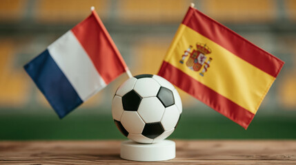 Fototapeta premium France and Spain flags beside a soccer ball on grass for international football rivalry, match preview and tournament coverage
