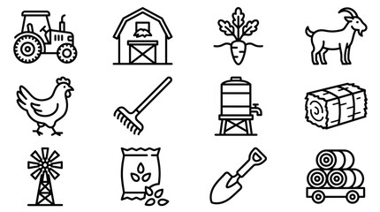 Farm Icons Set: Tractor, Barn, Chicken, Goat, Hay, Tools, Windmill, Seeds © Pizksen