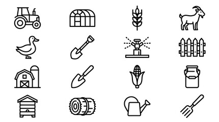 Farm icons set: tractor, barn, greenhouse, animals, tools, crops, agriculture and farming symbols © Pizksen