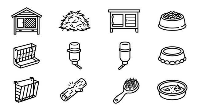 Rabbit Hutch and Pet Care Icons: House, Hay, Feeder, Water Bottle, Food Bowl, Brush, Log
