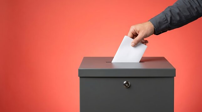 Person inserting white ballot paper into modern grey voting box over vibrant red background illustrating democratic choice concept for national election participation or civic responsibility.