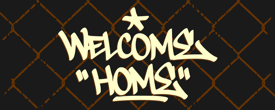 Welcome Home graffiti tag handstyle lettering design. Yellow street art typography greeting isolated on grid background.