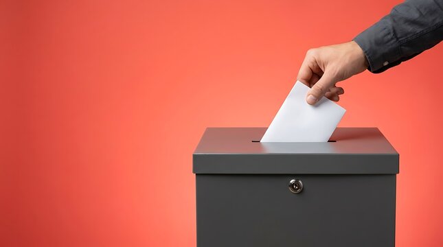 Person inserting white ballot paper into modern grey voting box over vibrant red background illustrating democratic choice concept for national election participation or civic responsibility.