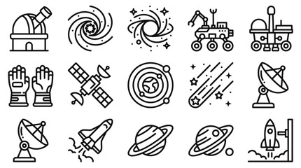 Space Exploration Icons: Telescope, Galaxy, Rover, Satellite, Planets, Rocket, Stars © Sapi