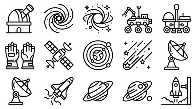Space Exploration Icons: Telescope, Galaxy, Rover, Satellite, Planets, Rocket, Stars