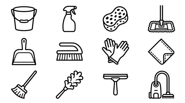 Cleaning Supplies Icons: Bucket, Sprayer, Sponge, Mop, Dustpan, Brush, Gloves, Cloth, Broom, Duster, Squeegee, Vacuum