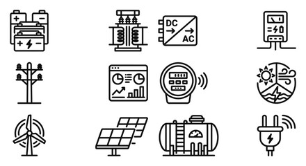 Renewable Energy and Electricity Icons: Solar, Wind, Batteries, Grid, Metering, Transformer © Sapi