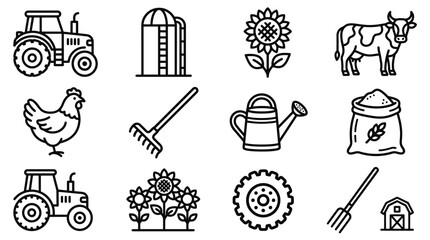 Farm Icons Set: Tractor, Cow, Chicken, Sunflower, Rake, Watering Can, Silo, Barn © Re