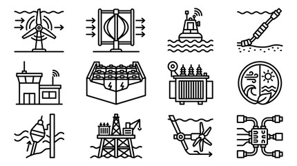 Renewable Energy Icons: Ocean, Wind, Solar, Grid & Offshore Power Generation © Sapi