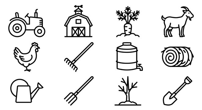 Farm Icons Set: Tractor, Barn, Goat, Chicken, Tools, Crops, Watering Can, Hay Bale