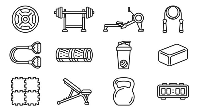 Fitness Equipment Icons: Weightlifting, Cardio, Yoga, and Training Gear Set