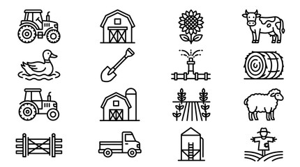 Farm Icons Set: Tractor, Barn, Cow, Sheep, Hay Bale, Sunflower, Scarecrow, Truck © Sapi