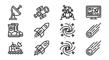 Space Exploration Icons: Rocket, Satellite, Moon Lander, Meteor, Boot, Rover, Galaxy, Monitor © Vevek