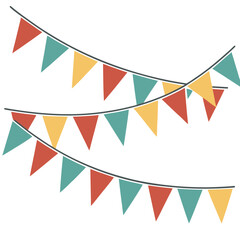 Obraz premium Festive garland banner set with hanging triangular flags in bright colors for party celebration decor vector graphic art isolated on white background versatile design elements for events and holidays.