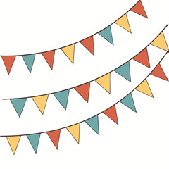 Obraz premium Overlapping colorful festive bunting flags for party decoration or celebration, set of hanging triangular banners with playful patterns, great for events.