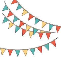 Obraz premium Overlapping colorful festive bunting flags for party decoration or celebration, set of hanging triangular banners with playful patterns, great for events.