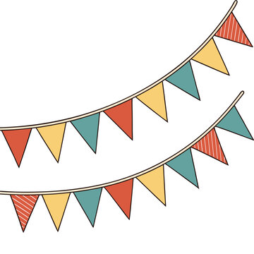 Bunting garland vector illustration featuring colorful party flags hanging from string for festive events celebration birthdays carnivals fairs and holiday decorations set against white background.