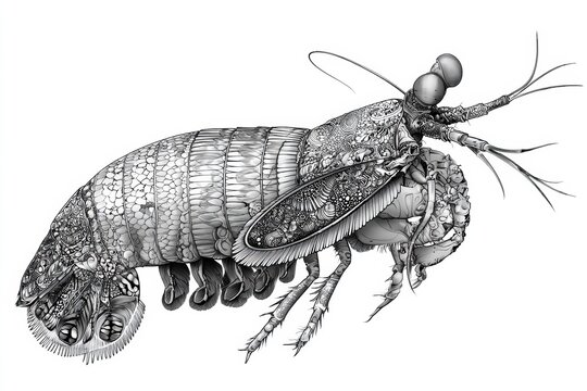 Drawing shows a peacock mantis shrimp filled with detailed patterns and shapes. The design is made in black ink on a white background.