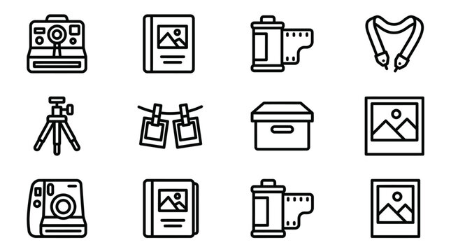 Photography Icons Set: Camera, Tripod, Film, Photos, Album, Storage