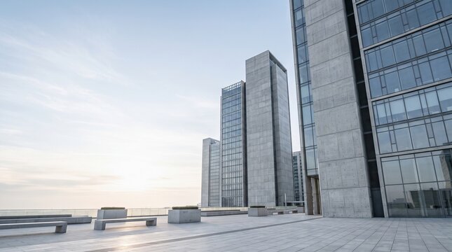 Empty modern concrete plaza terrace with skyscrapers at sunset