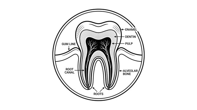 Dental Anatomy Diagram: Tooth Structure Cross-Section with Labels