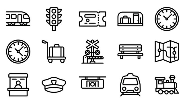 Set of railway travel icons: train, ticket, traffic light, clock, luggage, map, bench, station