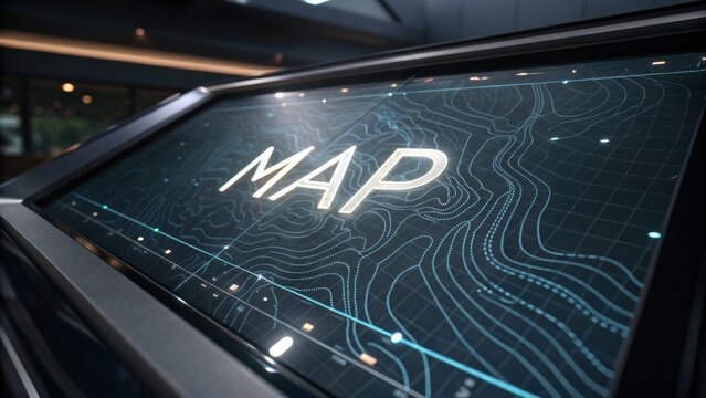 Detailed topographic map display with technical grid patterns and interactive elements in modern office environment