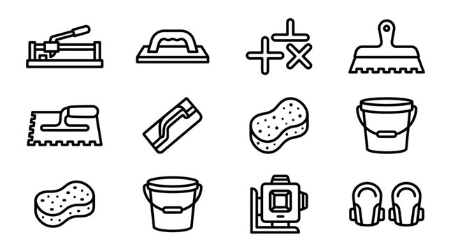 Tiling Tools Icon Set: Professional Tile Installation Equipment Collection