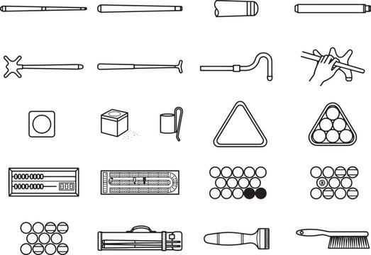 A collection of billiard accessories, including cues, racks, balls, and chalk, are presented in a clean, illustrative style, showcasing equipment for the game of pool.