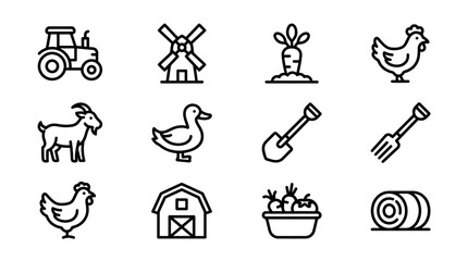 Farm Icons Set: Tractor, Windmill, Chicken, Goat, Barn, Vegetables, Hay Bale © Ye