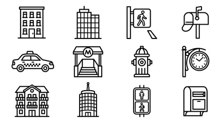 City Icons Set: Buildings, Taxi, Mailbox, Subway, Hydrant, Clock, Traffic Light © Ye
