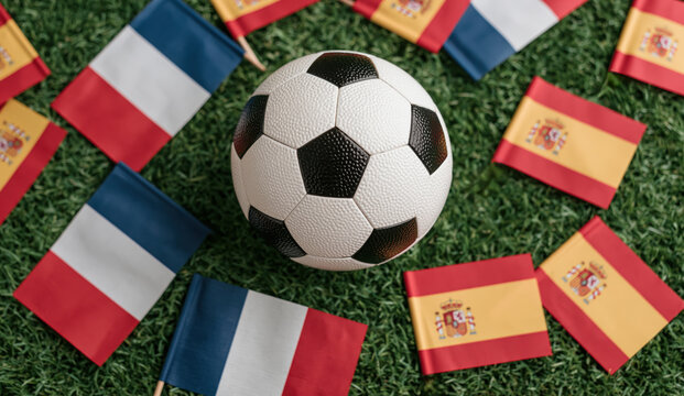 Top down view of a soccer ball on green grass pitch with national flags of France and Spain for an international football match tournament background