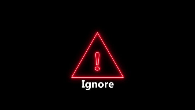 Exclamation mark warning symbol inside triangle frame with text ignore on black background alert. motion graphic of triangle frame and ignore text concept.