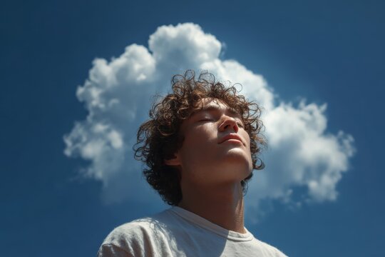 Serenity Under the Sky: A young person with curly hair meditates with closed eyes under a bright blue sky, a fluffy white cloud hovering behind, embodying peace and introspection.